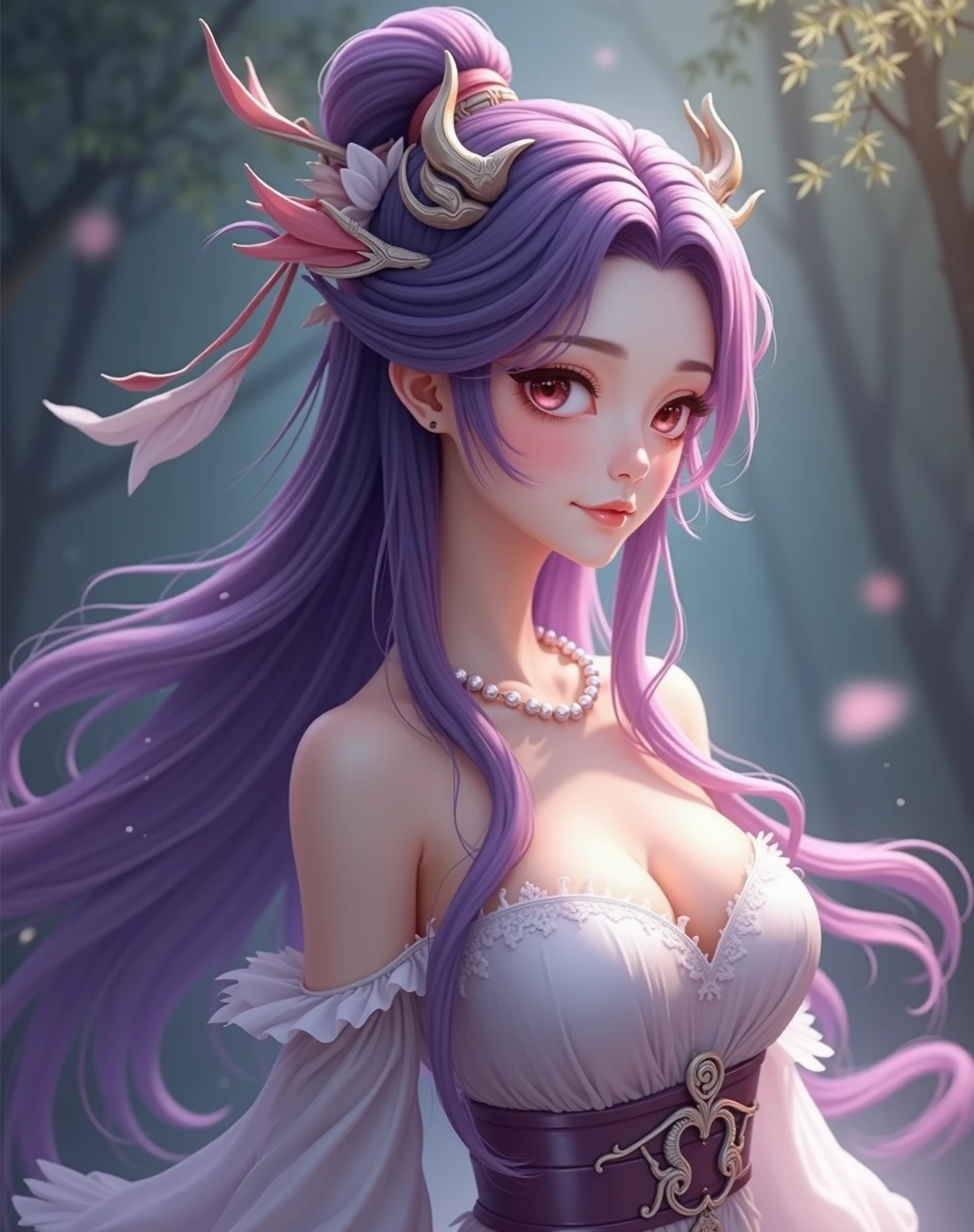 Close-up of a purple-haired woman in a dress, Guviz, Guviz-style artwork, trending on cgstation, Fantasy art style, ((a beautiful fantasy empress)), a beautiful fantasy empress, guweiz masterpiece, 8K high quality detailed art, trending at cgstation, 8K Artgerm bokeh,crisp breasts