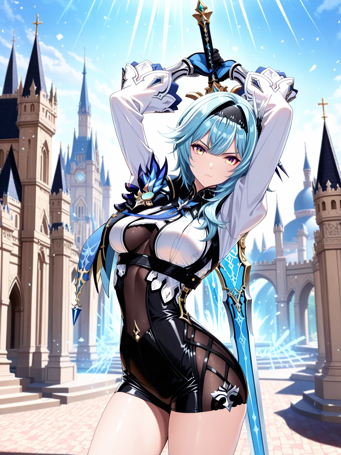 masterpiece,best quality,extremely detailed CG,ultra-detailed,1woman,demon queen,angry smile,beautiful lite blue eyes,elaborately designed blue colored dress,open stance,dynamic pose,strong light,fancy makeup,blue colored lips,jewelry and accessories,tiara,silver hair,short hair,