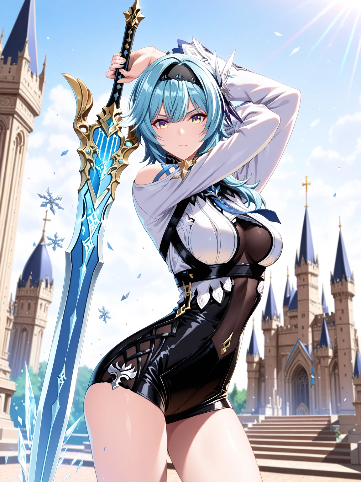 Anime Moe Art Style,highest quality,High resolution,Anatomically correct,One Girl,Mid-teens,A girl with light blue hair in a ponytail,Super detailed,A world of swords and magic,Off-the-shoulder tops,mini skirt,Big Breasts,A rich expression,Serious expression,Slashing with a dagger,Fighting,Dynamic movement,cave,Eyes drawn in detail,hair ornaments,necklace,bracelet,ring,8K