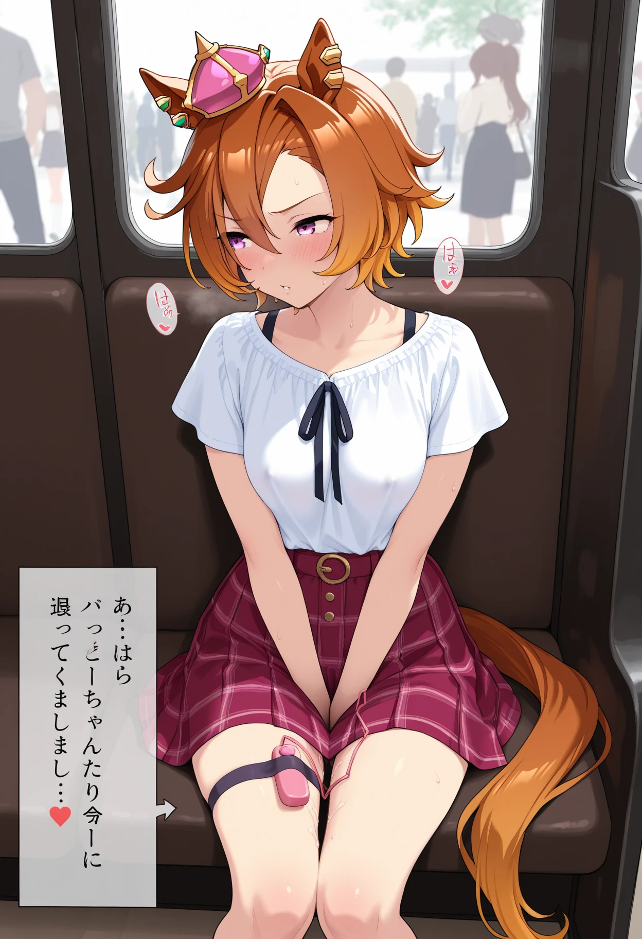 Torn white shirt、Torn white skirt、Black underwear is visible、big eye、smaller head、disheveled orange hair、Desperate look、saliva、Tongue out、Train、murky、Modest chest、独奏、Multiple Guys、molesting、Underwear is wet、squatting and legs open、お漏らし、Tears、