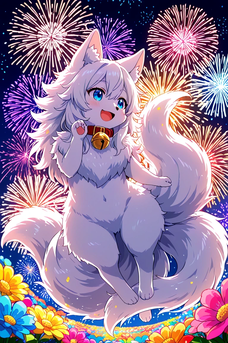  score_9,score_8_up,score_7_up, kemono style, source_furry, source_cartoon, kat, blue eyes, :3, blonde hair, pink nose, blue eyes, white whiskers, silver fur with grey stripes, naked, breasts, nipples, fully naked, pov, pov sex, she is riding viewers cock, viewer is grabbing her thighs, in a grassy field, many fireworks in the sky, nighttime, she is happy, 