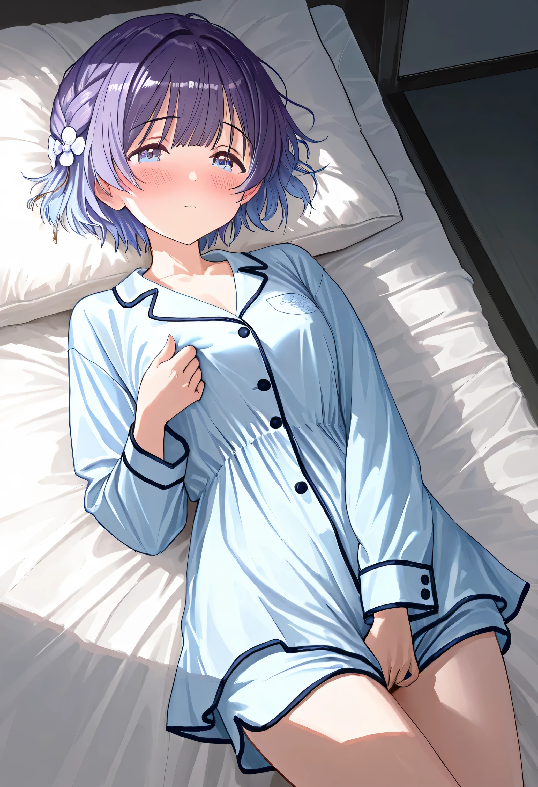 masterpiece, highest quality, High resolution, brown eyes、Close ~ eyes、sleep、Are sleeping、pajamas、nightwear、inside the futon、Under the towel blanket、掛inside the futon、on the bed、Bedroom、midnight、short hair,blue hair, white skin、thick legs、,embarrassing,