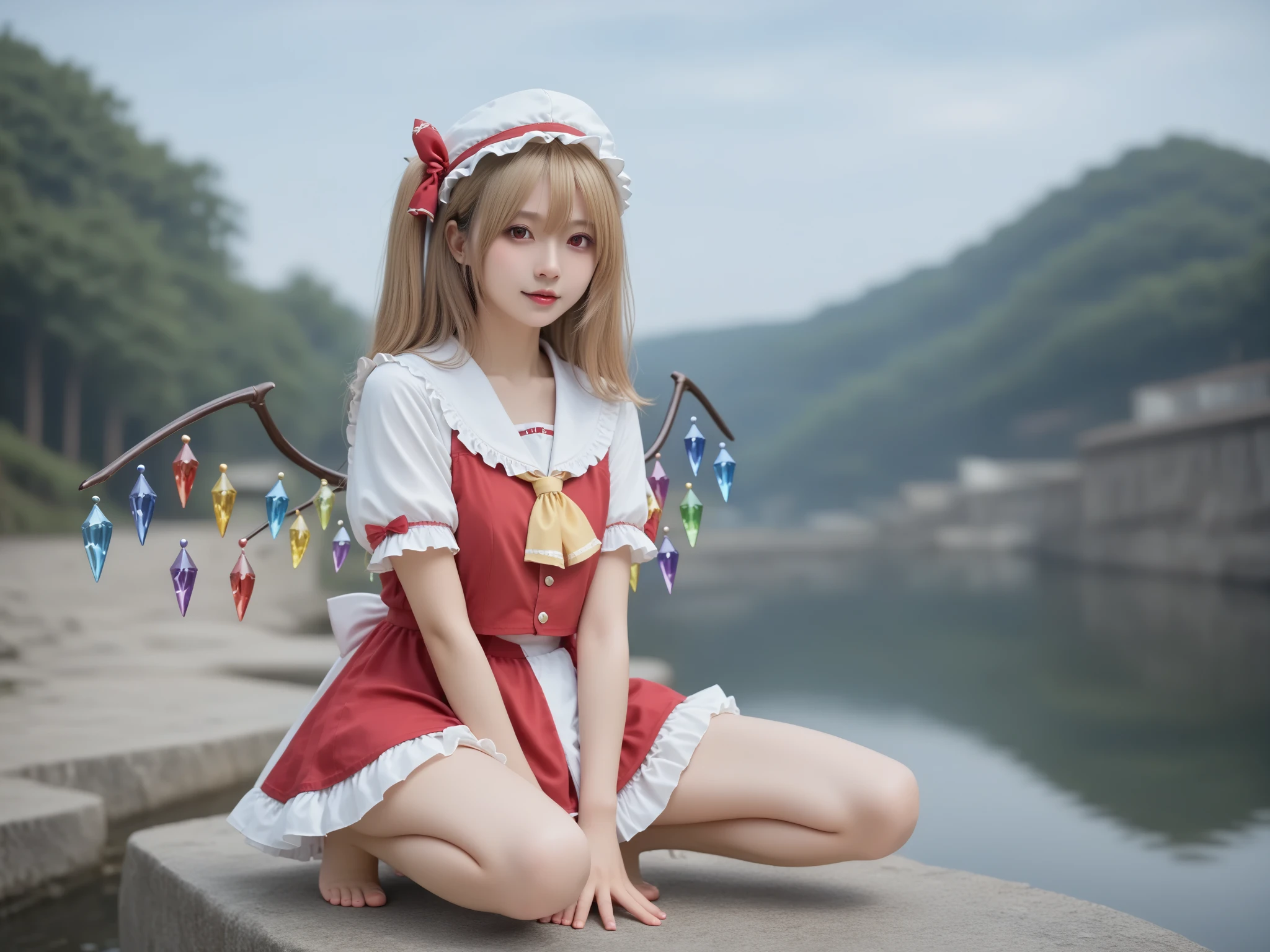 1girl, 5 year, genshin impact, klee, elf, red clothes, long hair, brown hair, realistic, ultra detail, 70mm lens,