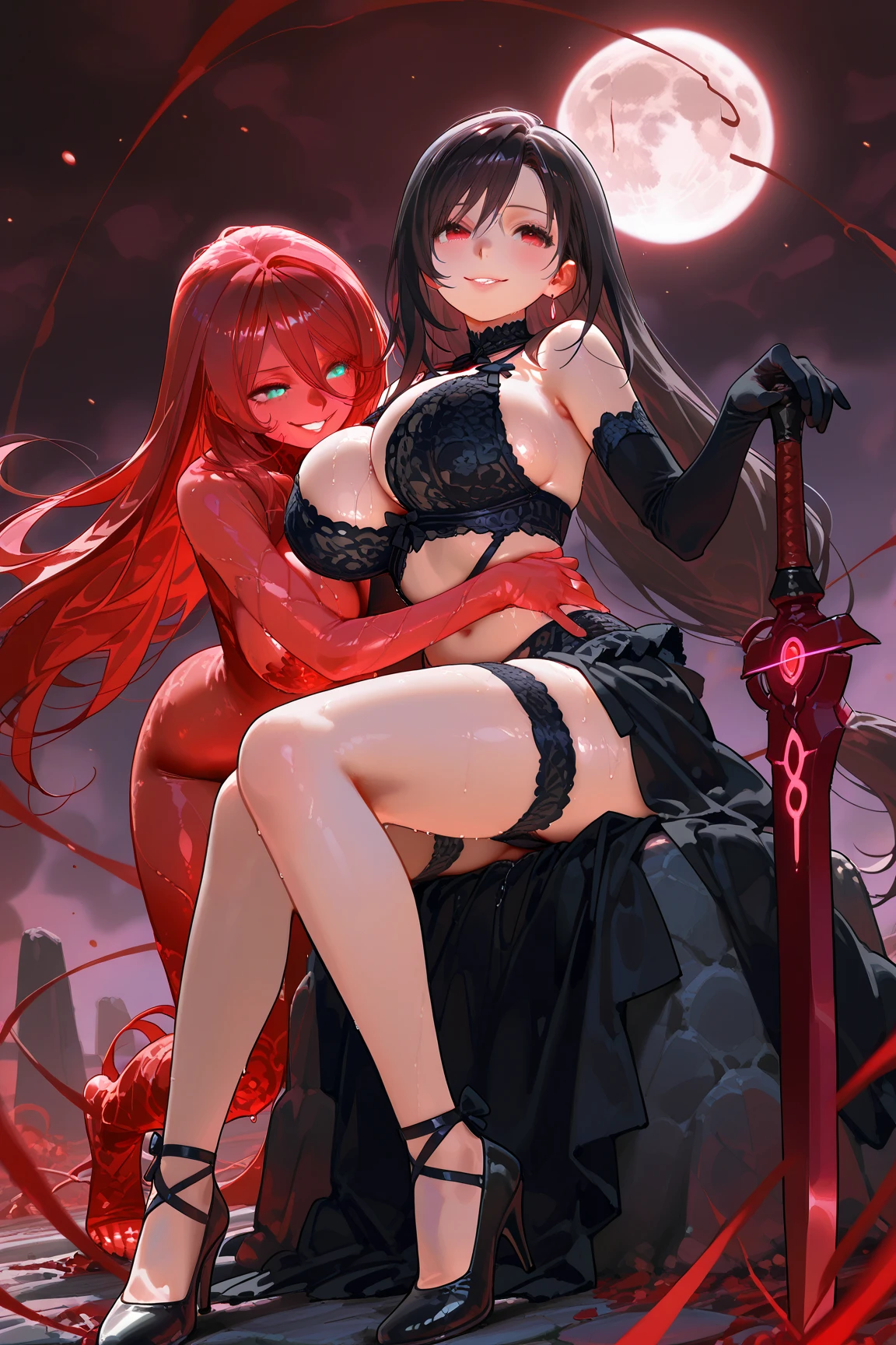 ((masterpiece、highest quality))kiss、Succubus、black lingerie、red glowing eyes、huge breasts、side boob、black garter belt、beautiful feet、under the red moon、Moisturizes your body with plenty of bubbles 、knee high boots、blown by the wind、cleavage、moonlight、There is a white sticky liquid on the、sitting on the beach、atmosphere of love♡、Sitting sexy。、clear face、A sad and condescending look