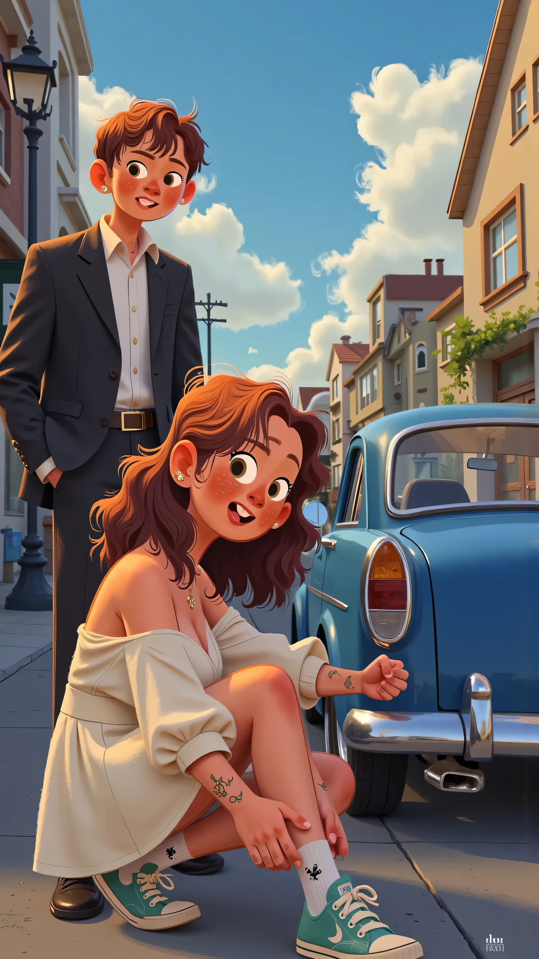 Panoramic front camera+hand shake,creates a real sense of thrill;Male protagonist(short black hair,green eyes,White shirt,black suit)紧张的看向Female protagonist;Female protagonist(long brown hair,wearing a white dress,white socks and colored sneakers)crouch down and rub your feet,仰望Male protagonist;On a cloudy street corner,Open and bright; illustration style ;blue car