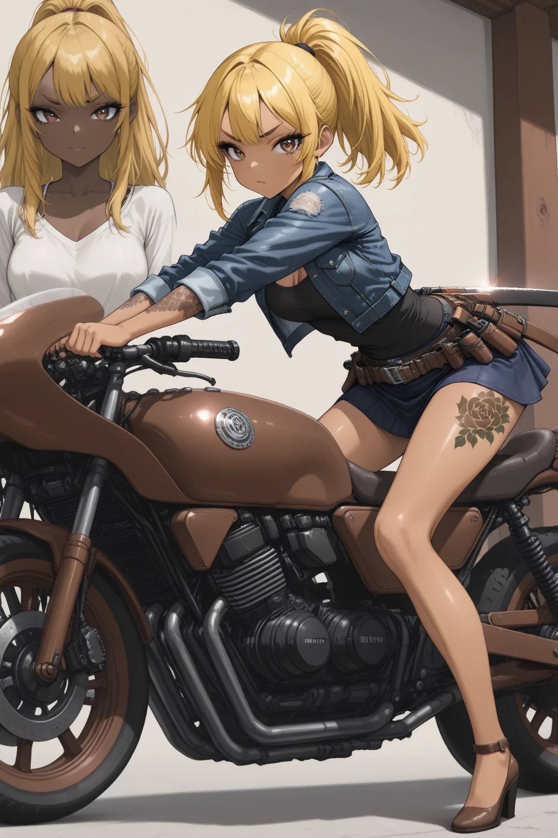 there is a beautiful girl on a motorcycle in a city street wearing a leather outfit, 1girl, shorts, solo, motor vehicle, hat, blue eyes, motorcycle, ground vehicle, blonde hair, braid, breasts, twin braids, jacket, long hair, baseball cap, black shorts, thighs