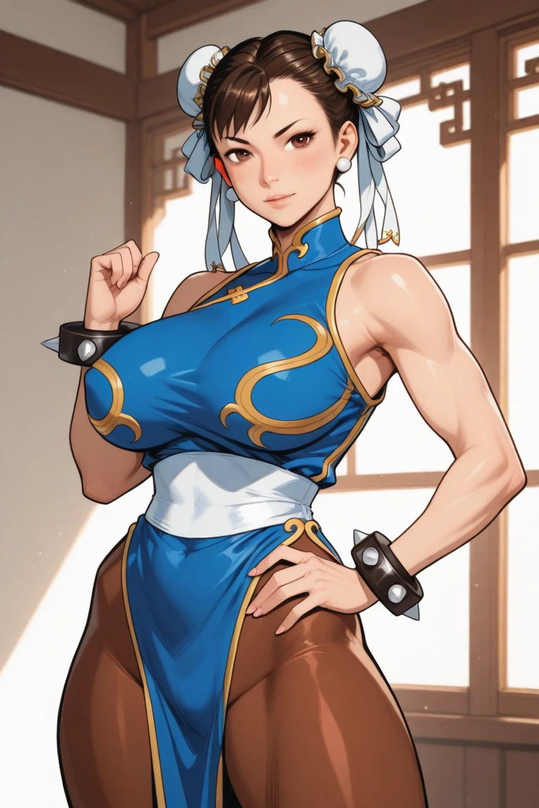 Sexy cute girl in sexy cosplay chun li costume without underwear. The girl is 24 years old with big chest and big pussy. The costume cover her chest