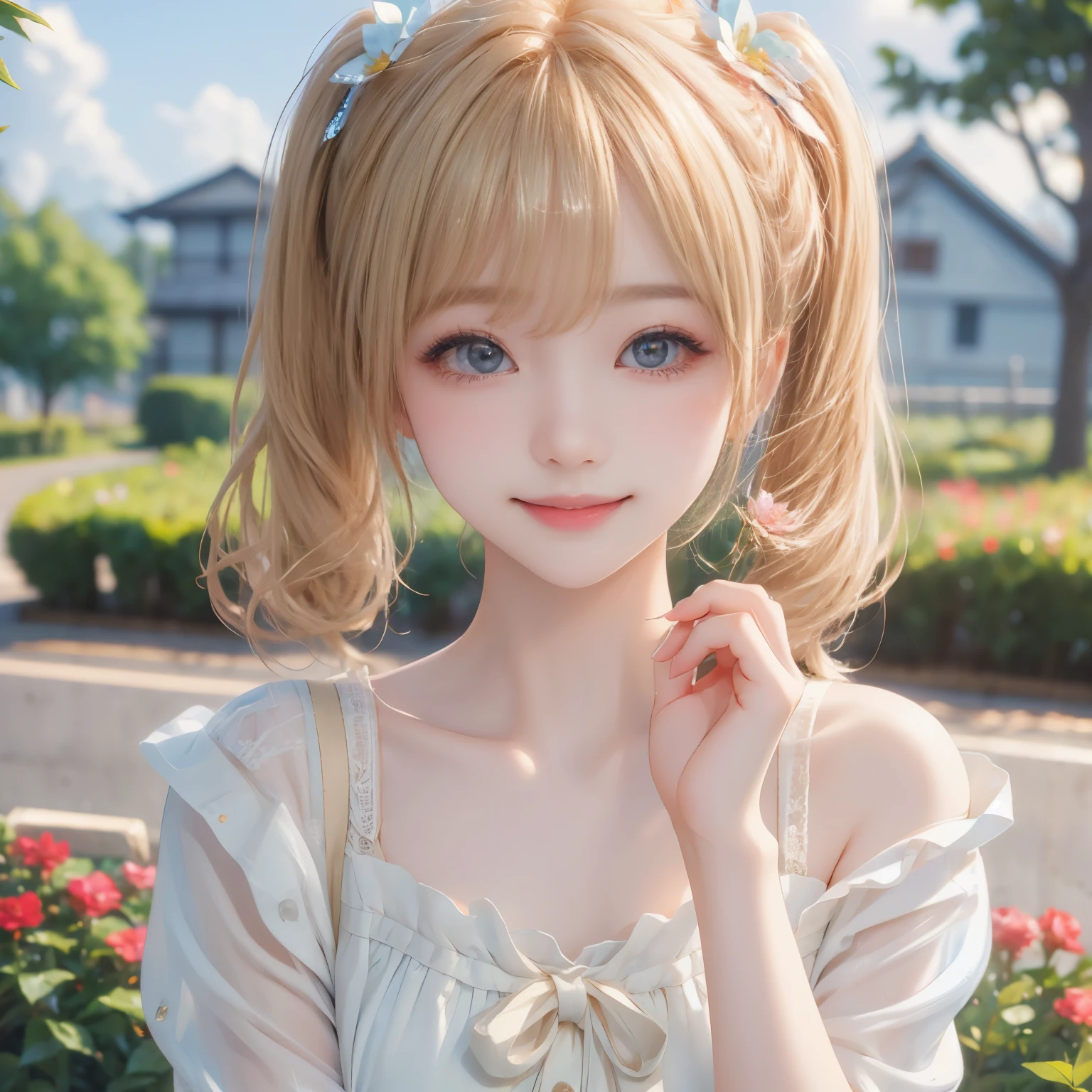 (masterpiece,best quality: 1.4),(8k,raw photo,photo realistic:1.2),shiny skin, detailed skin,detailed face,detailed eyes,Japanese idol,beautiful face. Flower garden, blue sky, countryside, one beautiful girl, very pretty, petite, big breasts, elementary school student, white camisole dress ,blond hair, twin tails, (smile), cute pose