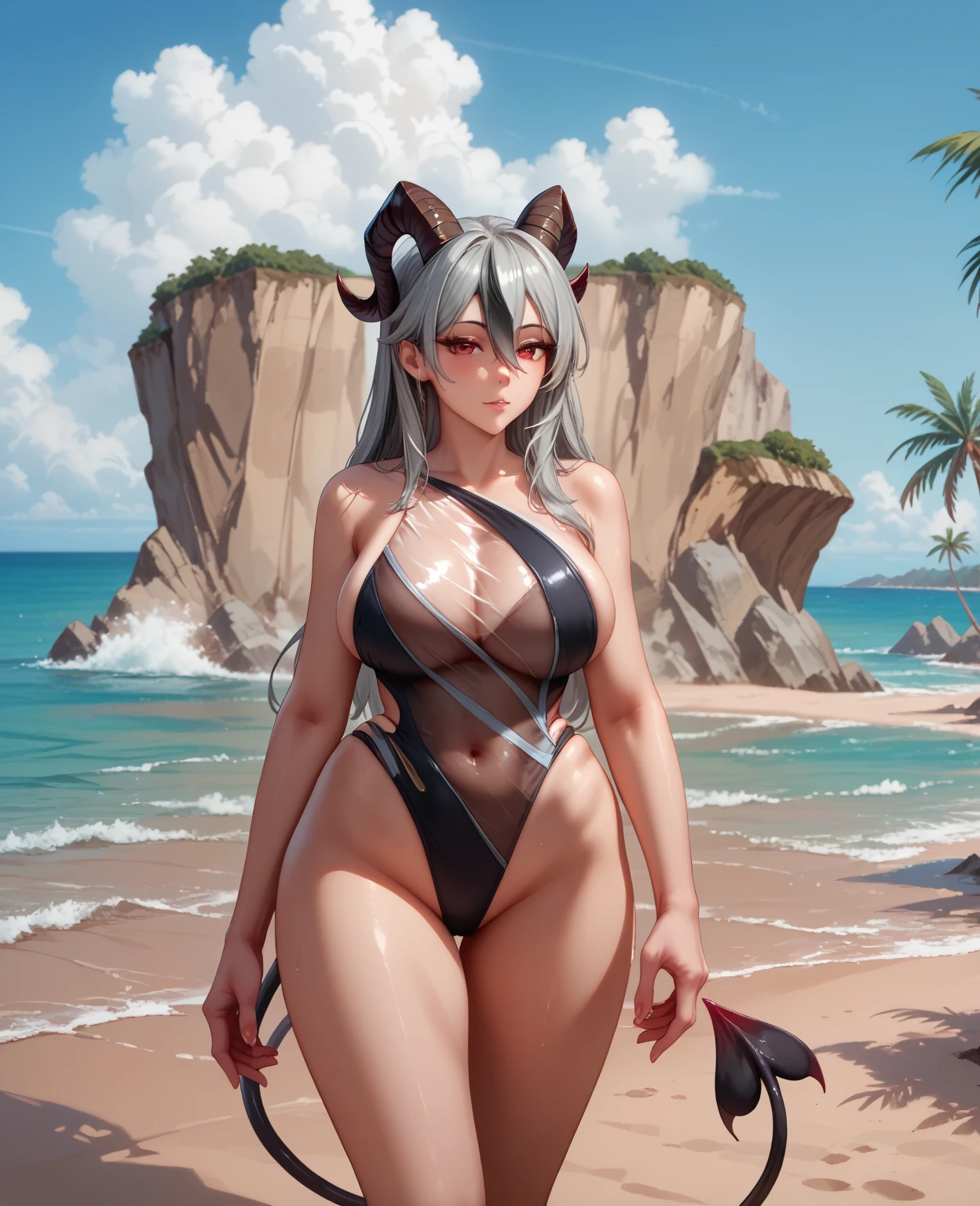 Life-size adult woman, white hair color, Blue Stripes, Full Height, Bright Eyes, smile, mouth, lips, transparent, Hand holding railing, Ahegao frown, ((Sexy Bikini)), over1000favorite-quality,Shiny Hair, Shiny skin, Shining Cut,Perfect belly , Narrow waist, Large Breasts, White skin color, Thick legs, Thick thighs, bangs, Lace Wire Bra, Side Lock, Mountain, Yellow tree leaves, Background view, On the water, sunset, Ocean, water wave, Ultra detailed water, Sunlight illumination, Beautiful afternoon, cloud, Wind in my hair, Leaves flutter, Environment details, More vibrant colors, Saturation effect