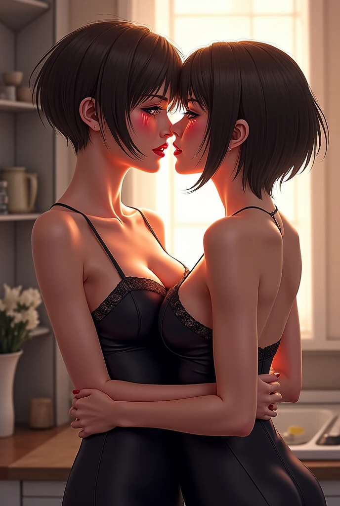 Cute 2 girl with short black hair, with big tits and ass in a black skirt