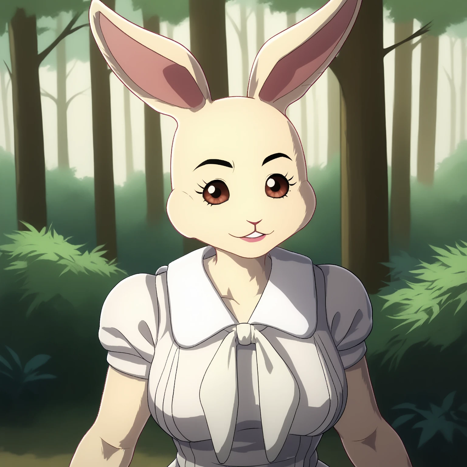 (ultra detailed background, delicate pattern, intricate detail, highly detailed, fine details), best quality,((medium breasts, slim girl,  close-up, portrait)), CarrotChan, 1girl, solo, blonde hair, animal ears, rabbit ears, rabbit girl, furry female, furry, short hair, smile, rabbit tail, (orange dress), brown eyes, ((slim girl, medium breasts, animal nose)), ((complex detailed background, grass, jungle, forest, tall big trees, nature environment, close-up, portrait)),  <lora:CarrotChanFinal:0.75>