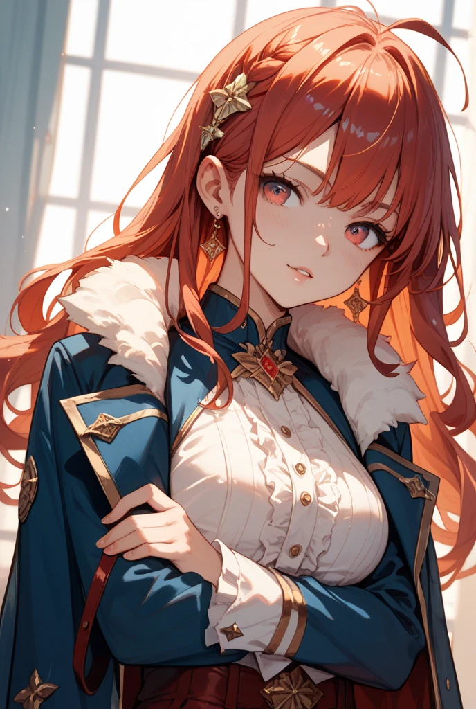 1 girl, Redhead, Facial hair, Red eyes, highest quality, Very detailed, The most delicate and beautiful, High resolution, (highest quality,4K,8k,masterpiece:1.2)、Sexy pose、Bedroom、erotic、Costume、Sexy clothes、Sexy clothes