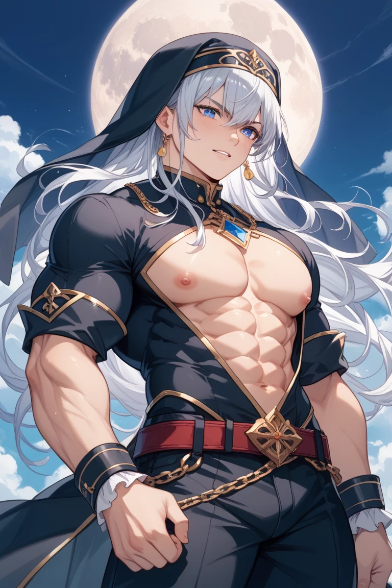 "Stunningly detailed anime sketch of a solo ((muscular)) ((handsome)) ((dark-skinned)) demon boy with short white hair and red eyes. He exudes maturity and has striking red and black crown-like horns. Dressed in demonic fantasy clothes, including a black capelet and a red and black demonic aura, he resembles a dark prince."