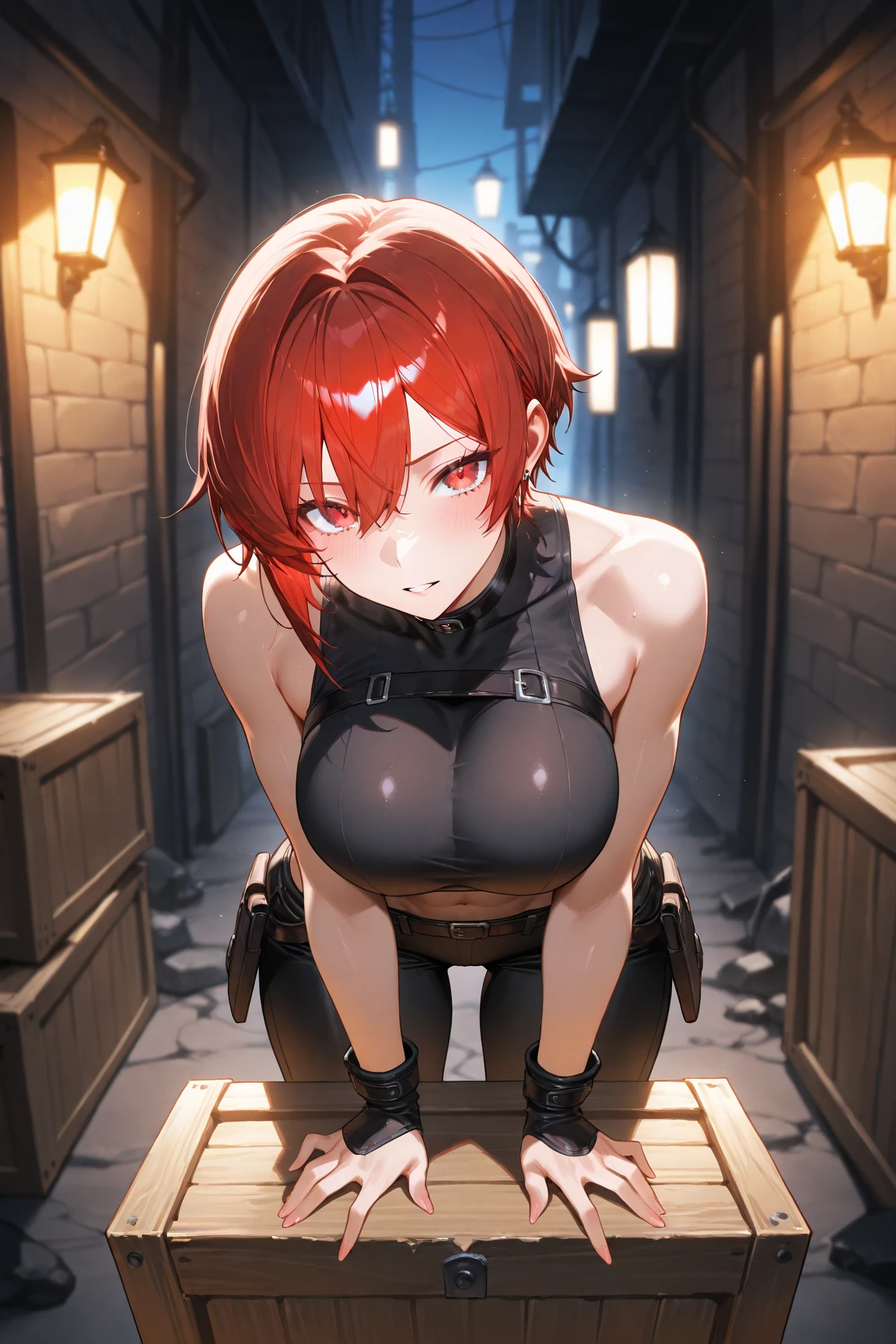 At office, wearing black bra, with red hair and braid,black hot tight jeans , has yellow and spiral eyes, sexy body, big boobs, big tits, ((pov))masterpiece, high resolution,makima\(chainsaw man\) ((perfect hands )) juicy thigs