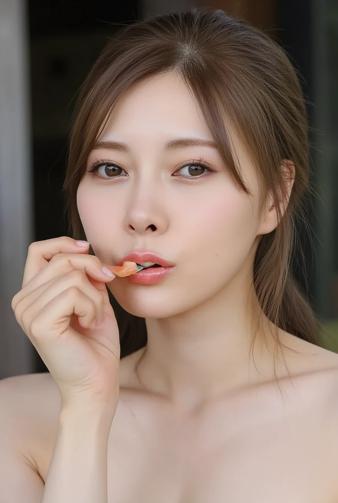 (realistic, photo-realistic:1.4), (best quality, masterpiece:1.2), RAW photo, high resolution, intricate details, extremely detailed, realistic and sharp details, (portrait, face focus, frontal photography), solo, a Japanese woman (eating a big sausage, shovel a sausage in hand into mouth:1.2), (detailed face, beautiful detailed eyes, beautiful pupils, sophisticated nose), pale skin, fine-textured skin, necklace, jewelry, collarbone, wearing some clothes, simple background,