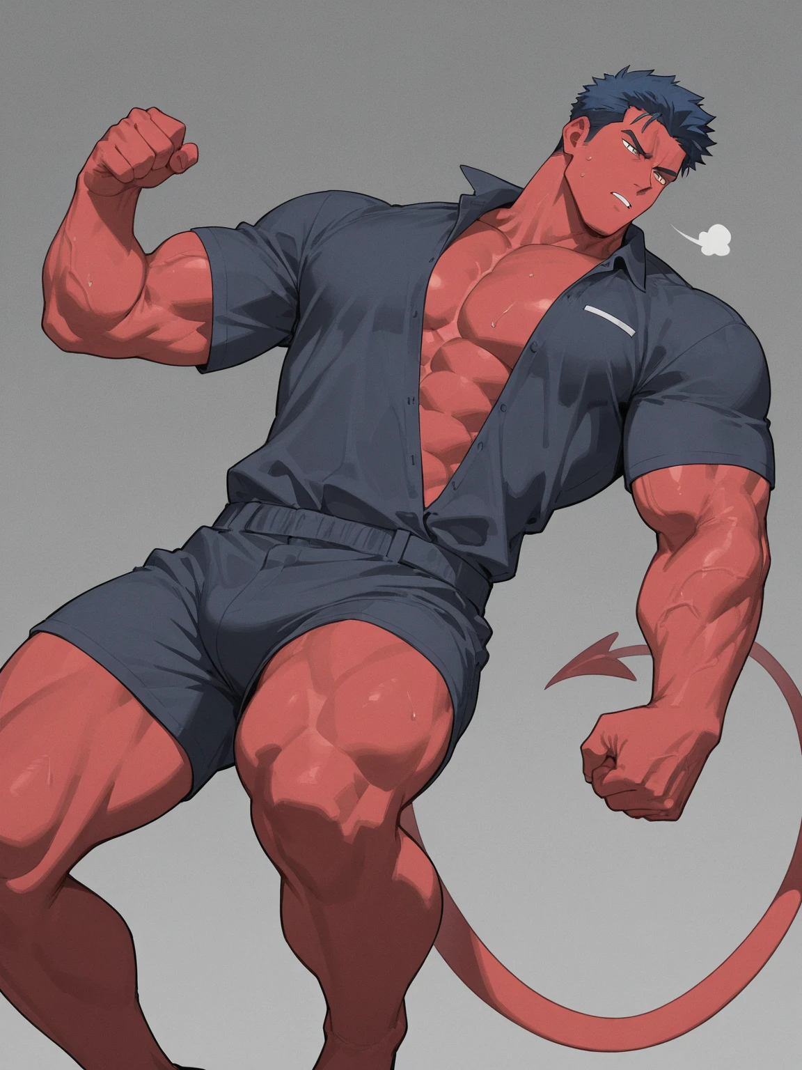 Anime art style, full-body image, image angle should be front and full-body front. Extremely muscular and tall character, with a bodybuilder body, the character has very short hair with bangs in dark brown color he has orange eyes he wears a red long sleeve T-shirt he is wearing a belt and a black pants, and wearing a white sneaker The character must be in a city full of buildings around him,  The character is strong and determined, and lots of muscle mass!!!!