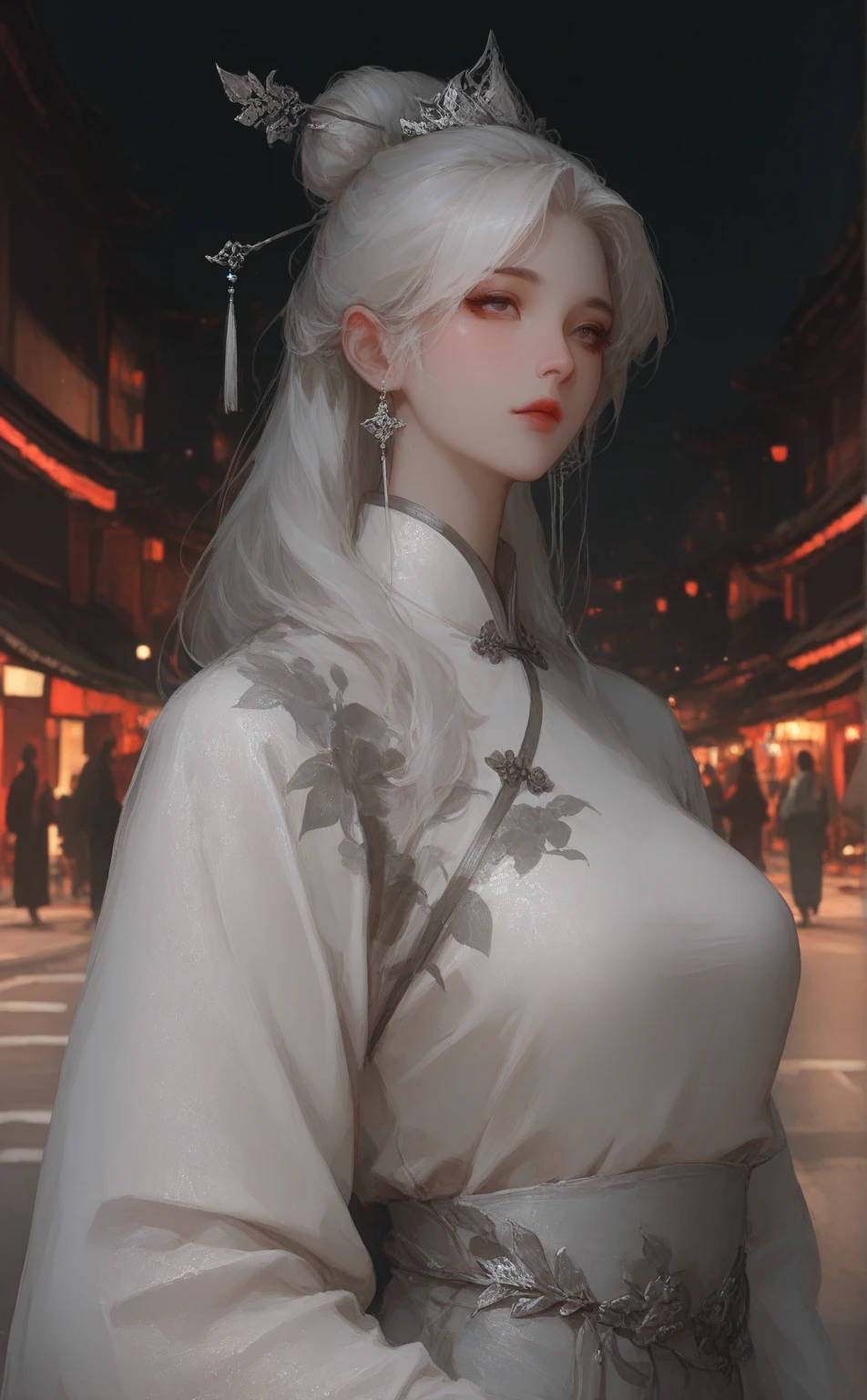 female,masterpiece, realistic, best quality, ultra detailed, Chinese Taoist robe, off-shoulder, sleeveless, white hair, jewelery, creative clothing, fashionable accessories, solo, upper body, big breasts, saggy breasts:1.4, On the deserted ancient Chinese streets, from below:1.3,1 girl, close up