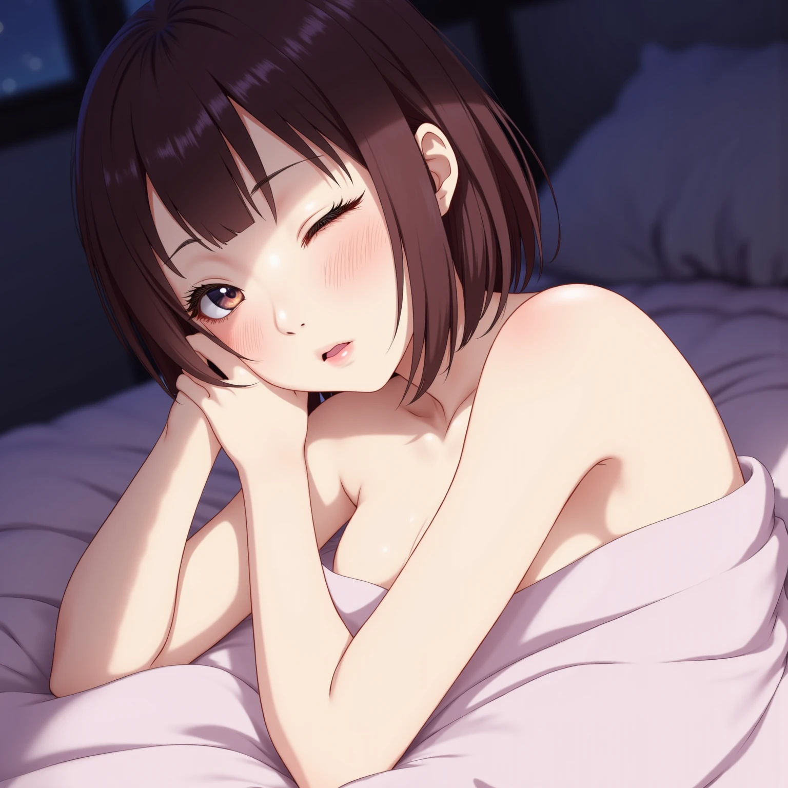 Highest quality, High resolution, 1.female, Teary eyes, sleeping, face down, black eyes, cute, looking down, naked, small breasts, short hair, Black Hair, Sex Insertion 1.Man Hospital