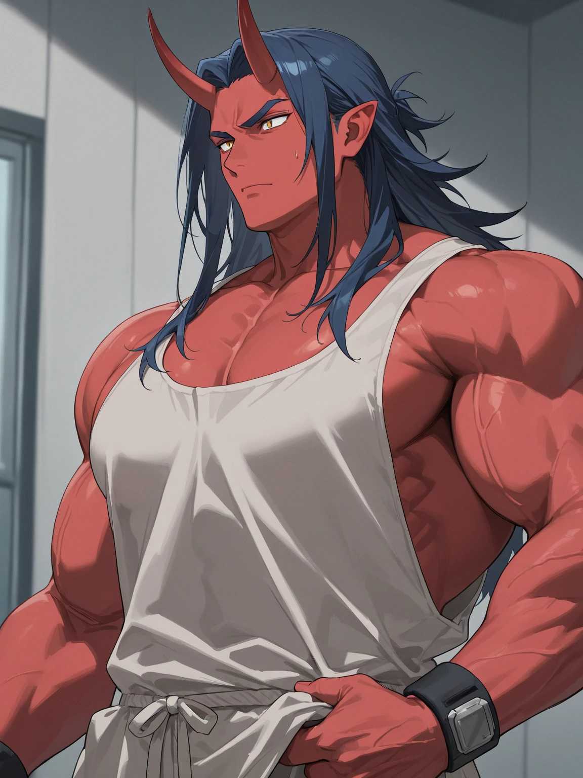 male 20 years old, bodibuilder, muscular, long hair, wearing boardshorts, red hair, flexing in gym showers, bara, handsome, big legs, defined body, topless, shirtless, abs, extremely defined muscles, mohawk haircut, handomse, high quality, 4k, blue eyes, sexy look, bara, close up,((best quality))), ((ultra-detailed))