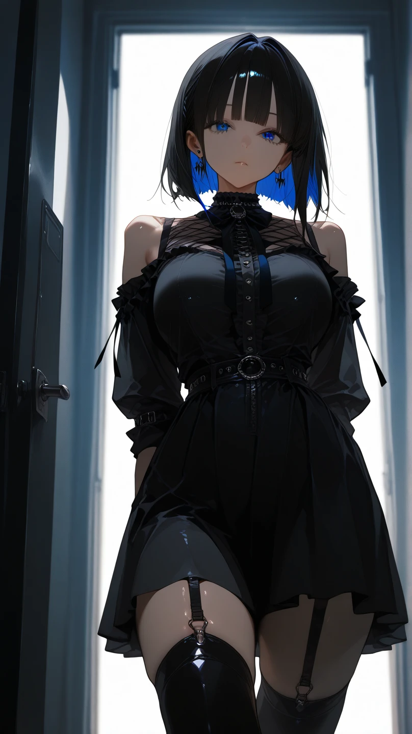 high res, (masterpiece:1.6), (((dark atmosphere))), dark lighting, (best quality:1.4), best illustration, best shadow, depth of field, detailed eyes, sharp pupils, best dark, beautiful, detailed face, 1girl, short, cute, black hair, red eyes, short hair, wearing feminine panties, no pants, no shirt, red face, erotic body, cum on body