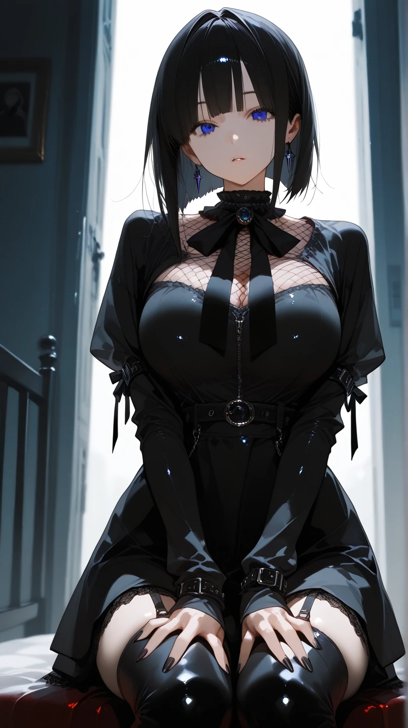 (Highest quality)), Ultra-high resolution,Adult women, alone, sexy, (Serious expression), (Blue eyes), Beautiful and symmetrical face, (Black cut medium hair),Open chest shirt,Suit pants,Realistic:1.4,Realistic:1.4,Night Alley,(masterpiece:1.2),Perfect Eyes,Perfect Eyes,Ample breasts