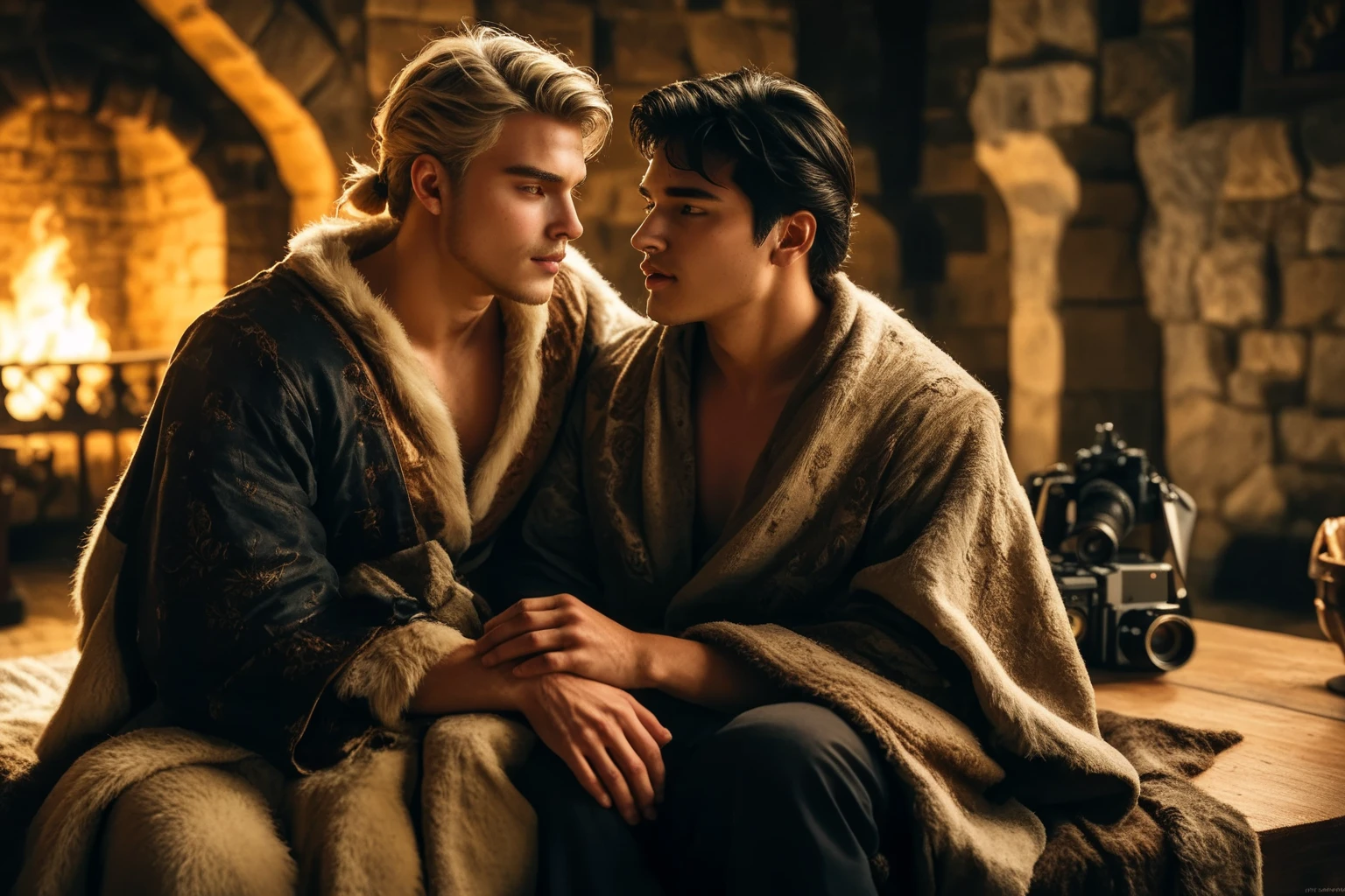 A handsome Aesthetic Targaryen Prince with long curly platinum blonde hair , he's bathing in a black tub made of Black Stones ,His face is detailed by freckles, purple eyes,black water on tub, he's naked,A man is standing next to him with Black eyes and he's naked too.