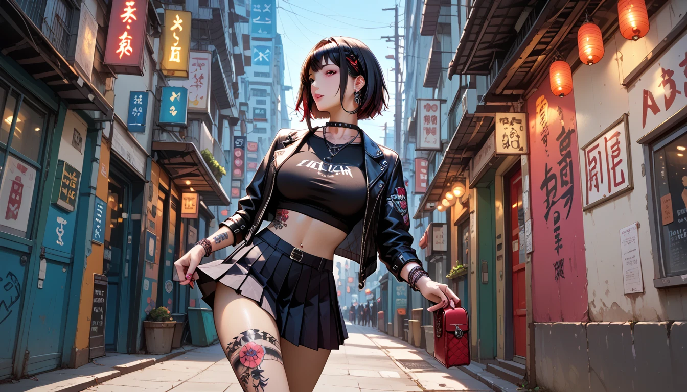 Nicke Crowe, Bra, cleavage, off shoulders, Jacket, Open your clothes, Skirt, thighs thighs thighs thighs, fish net, Choker, ear piercings, Belt bag, shairband, The tattoo, Jewelry,((Full body)),top-quality、masterpiece、Hi-Res、1人、Adult Woman, street fight monk,Smirk, masutepiece, quality of hike,White background