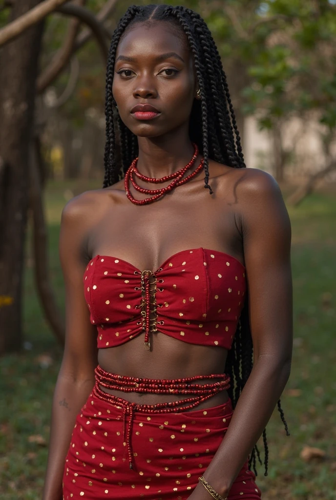 Low angle shot of African woman dressed in African designed clothes made of beads and leaves, standing in a futuristic empty space full of floating spherical drones, red sky reflected on the reflective ground surface, grey light shining in the scene giving a grey white cinematic look in the scene, artgerm style, 32k, ultra HD, unreal engine rendered, hyper-realistic image,