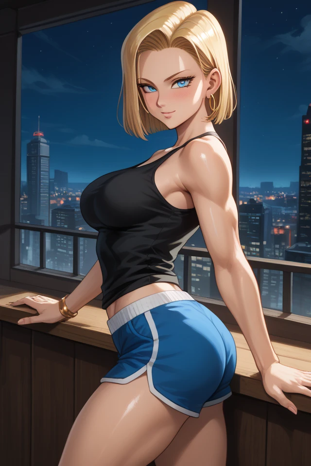 Girl with blonde hair, blue eyes, Angle from bottom to top wearing a short white tank top, showing her belly, cleavage, wearing short black shorts Bottom-up view 
