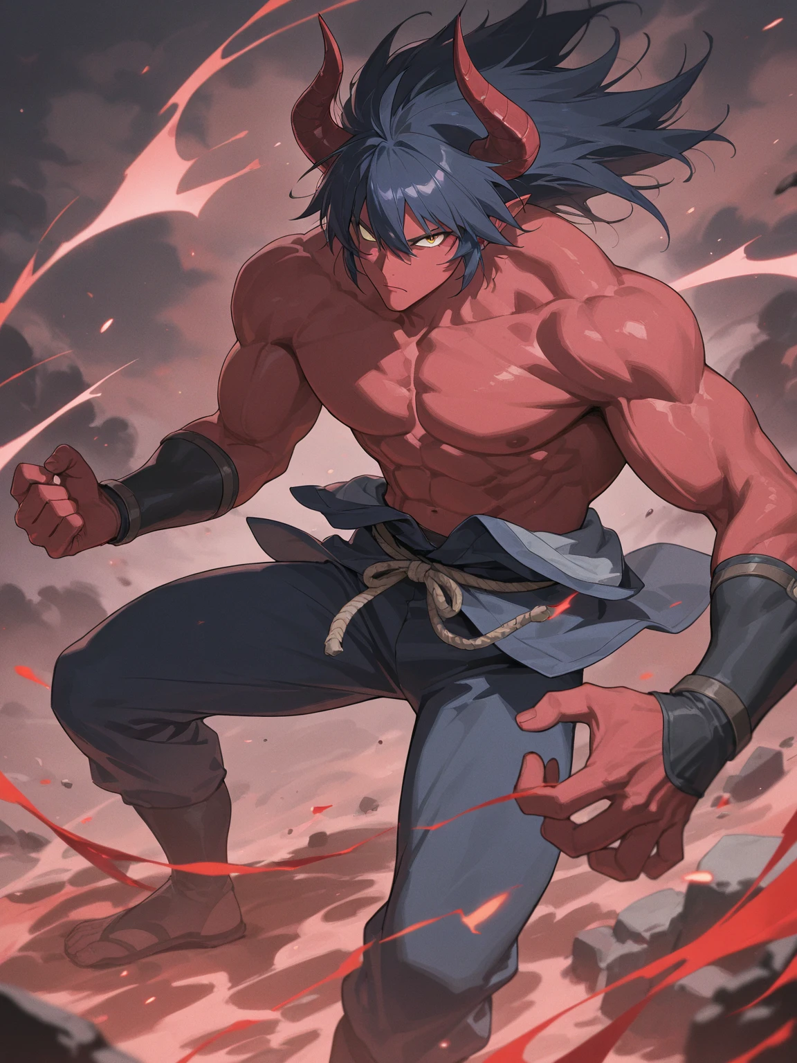 Fantasy painting of a bare chested muscular man, swinging huge battle axes, red beard and a mohawk haircut, tatooed, fighting an army of angry trolls,