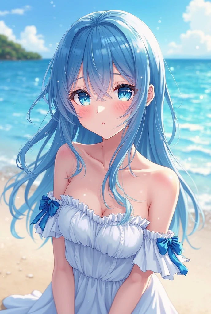 Realistic、1girl、blue hair、blue eyes、gradient eyes,(blue enamel bikini)、cute face,face focus,upper body:1.5,beach、wallpaper