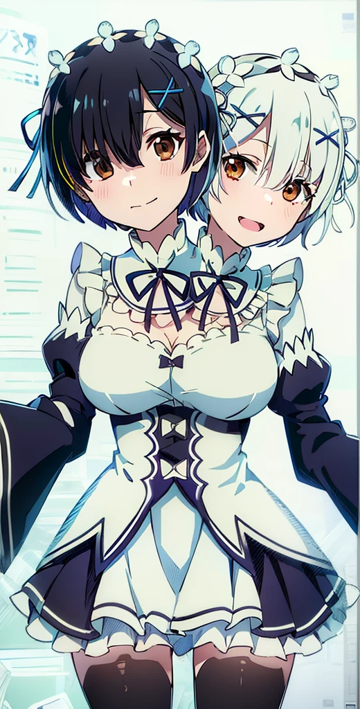 (One girl)、(medium length hair)、(sidelock)、(purple hair)、(slan eyes)、（boyish）、cute、(Big super breasts)、((Chubby))、Maid、No sleeve、mini skirt、White sleeveless、thigh-high socks thighhighs、(long gloves)、hairs between eyes、(coarse hair)、[flipped hair]、red eye、expressionless、one eye closed、arm behind back、two side up、White Background、
