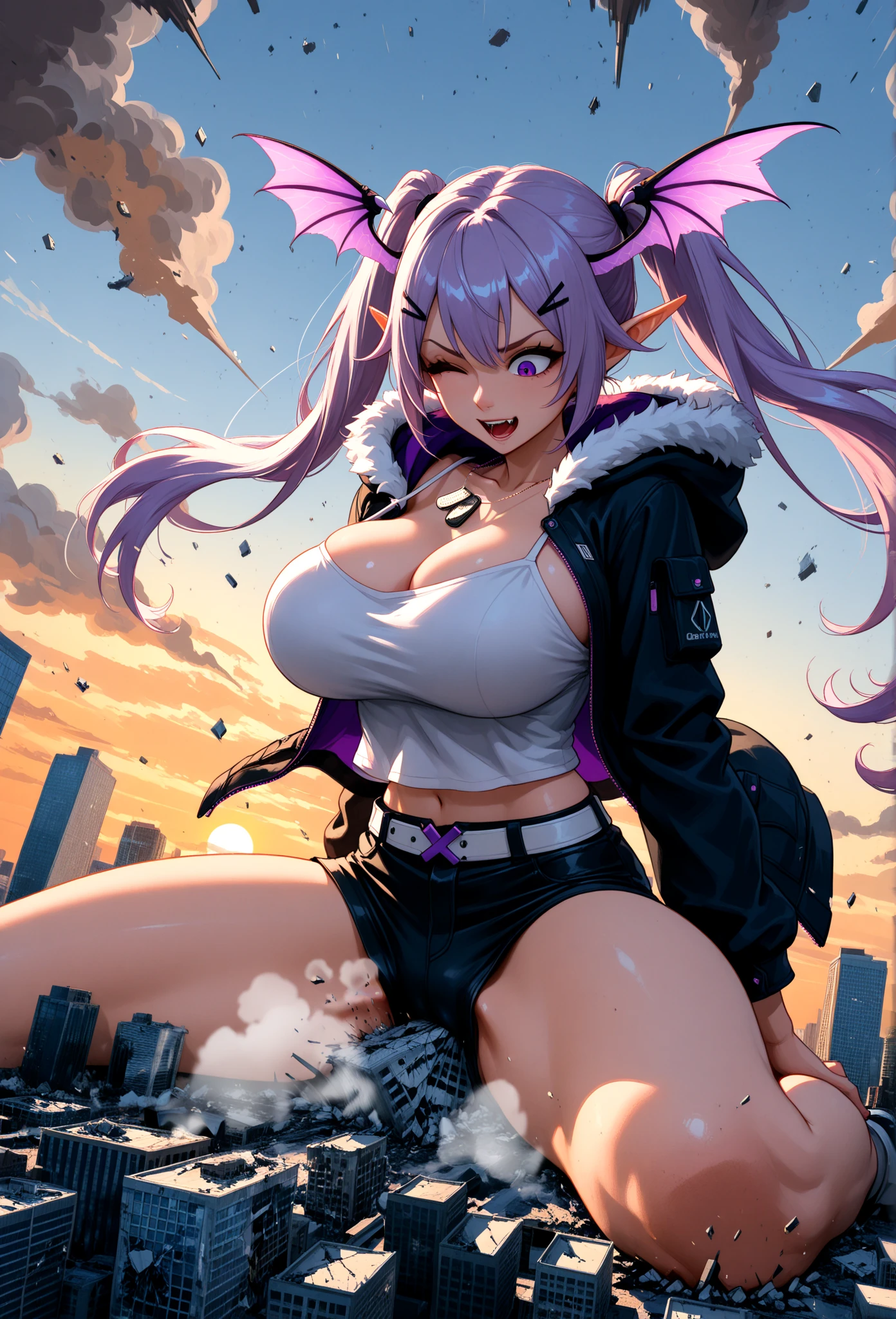 wearing a mecha，schoolgirls，Kneeling，Bare chest，Barefoot，black lence stockings，Perfect body structure，hyper HD，Highest high resolution，The chest is huge，Stick out your tongue，Be red in the face，Purple colored hair，On high-rise buildings in the city，Ultra photo realsisim，