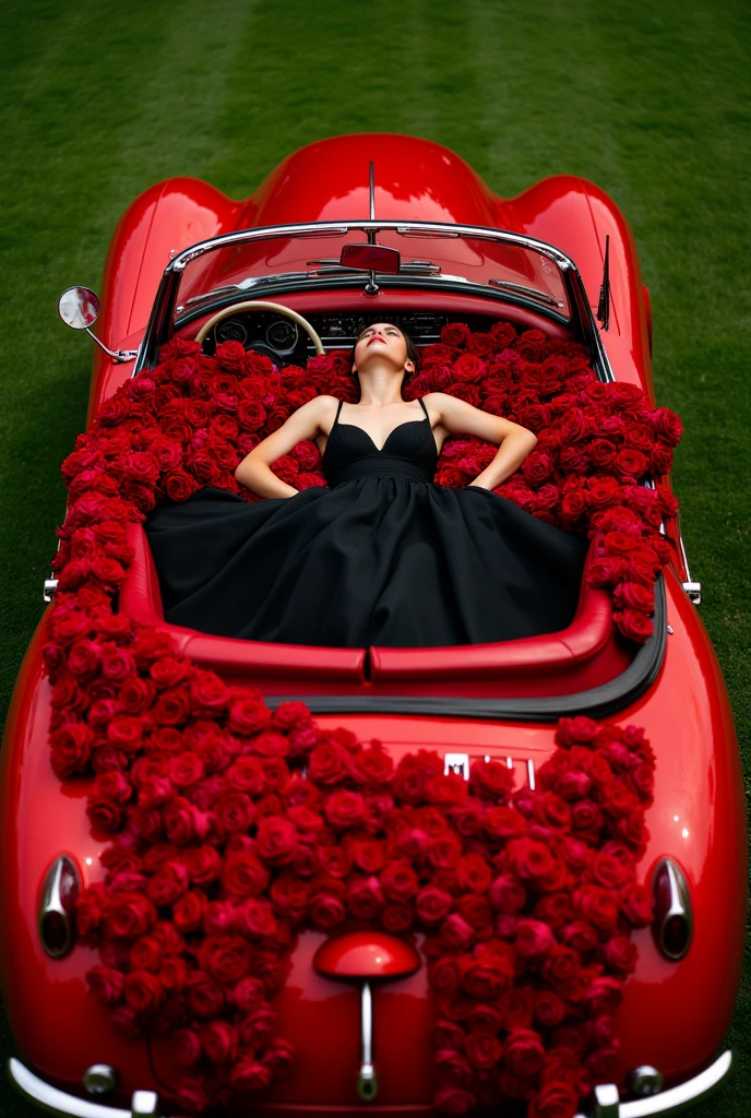 Create a luxurious scene featuring a person sitting down in a vintage red convertible filled with a cascade of red roses. The person should be dressed in a sleek, elegant black gown. The setting should be outdoors on a neatly manicured green lawn, exuding sophistication and glamour. Ensure the convertible is detailed and the roses are vibrant and lush, enhancing the overall opulence of the scene.”