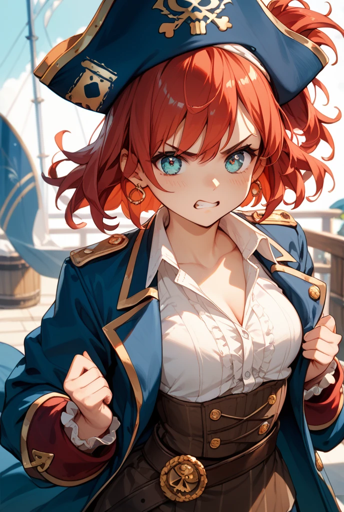 (Masterpiece. The best quality. 8K. Sharp focus. Depth of field, The best shadows. Perfect lighting. HDR. Realistic skin texture. Ultra-detailed background. Detailing). Anime style. Honkai: Star Rail. March 7. 1 girl. Fiery red hair, short hair. Azure - blue eyes, beautiful eyes, beautiful eyes, expressive eyes. Beautiful nose, perfect facial features. Breasts of the second size, beautiful breasts. Long beautiful legs. Pirate hat, white blouse, pirate pants, pirate knee-high boots, leather elbow-length gloves, wide belt at the waist, gold bracelets on the hands, gold hoop earrings in the ears. Pirate cloak uniform. Shoulder straps with the Jolly Roger on the shoulders. On the belt there is a saber and a musket. Stands at full height at the helm of the krlbl. Sea, storm. Full body.