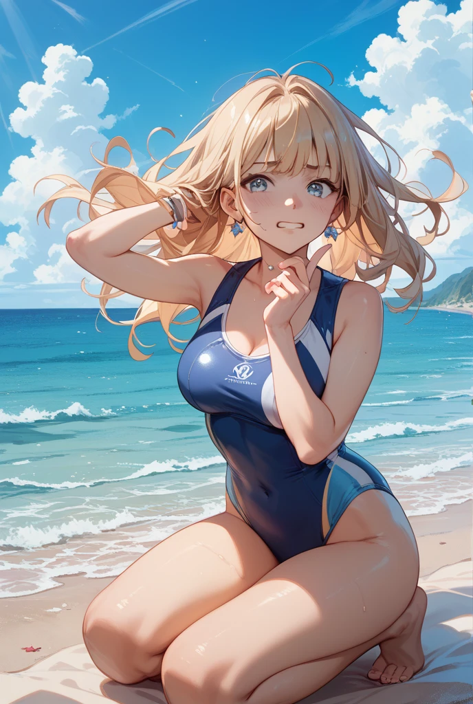 「Blonde woman、Blue one piece swimsuit、Large Breasts、picking up shells on the beach、Sea and sky in the background」