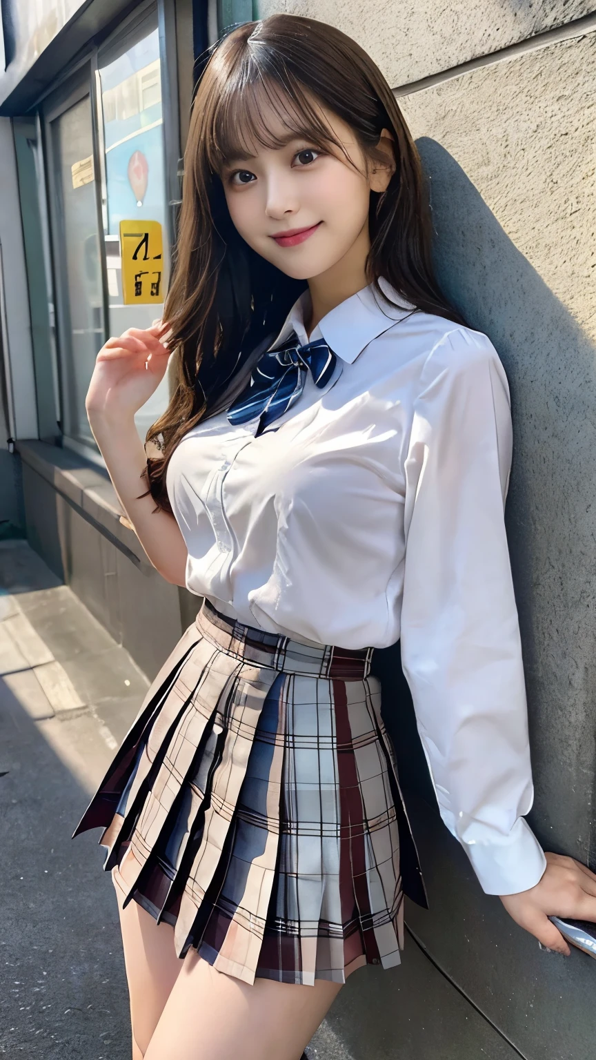 nsfw, (White panties), Panty shot, 8k RAW photo, highest quality, masterpiece, Ultra-high resolution, Film Grain, movie, Cute Girls, (3girls), (Three Girls), Are standing, (low angle:1.6), Shooting from below, Natural skin texture, Realistic eye and facial details, slim_foot, Japanese 、White blouse、Checkered pleated skirt、Super short skirt, Same clothes, Black Loafers,
