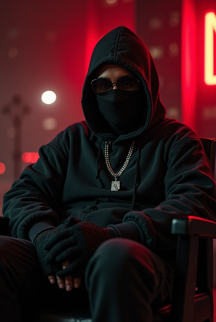 A man wearing a black hoodie and a balaclava with sunglasses standing and a glove in England 
