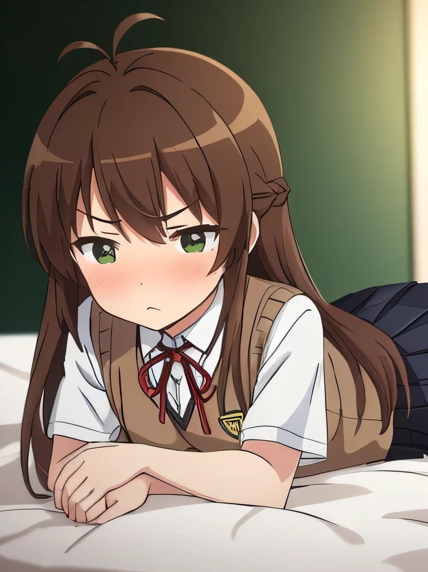 (masterpiece, top quality, nsfw), EXTREMELY detailed CG Unity 8k wallpaper, high definition, bold composition, masterpiece, best quality, amazing quality, very aesthetic, high resolution, ultra-detailed, absurdres, newest, scenery, depth of field, lighting , artistic composition screencap, flat anime, 1 girl, non-committal, dwarf, school uniform, sweater vest, neck ribbon, brown hair, long hair, antenna hair, bangs, 5 heads tall, tiny breasts, short legs, stocky legs, green eyes, lie on the bed, nose blush, gray skirt, lie on the bed, (hand in pantie, masturbation), Serious face, transparent