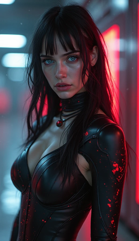 Cyberpunk Warrior Woman, crimson lips, white skin, black hair, muscle body, (blue glowing shiny eyes), dynamic background, painting style, beautiful detailed intricate insanely detailed octane render trending on artstation, 8 k artistic photography, photorealistic concept art.