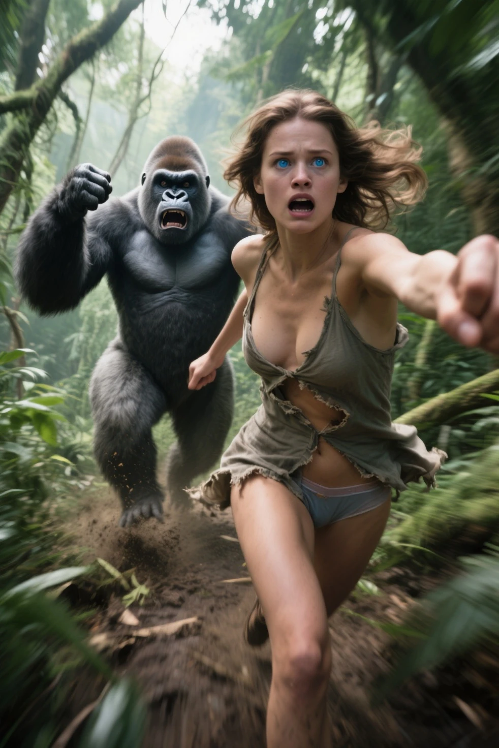 ((nude) (Lara Croft, large breasts, sparse pubic hair), fucking a (huge male gorilla with gorilla penis), in ancient ruins in the jungle