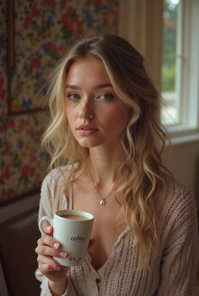 RAW photo, tv_Emma_Masters_MXAI , wearing a cozy knitted sweater, sitting in a café, holding a steaming mug with both hands, happy expression,, (((Ultra-HD-details, Ultra-HD-detailed, Ultra-HD-realistic, Ultra-HD-photo-same-realistic-quality-details))), 8k uhd, dslr, soft lighting, high quality, film grain, Fujifilm XT3