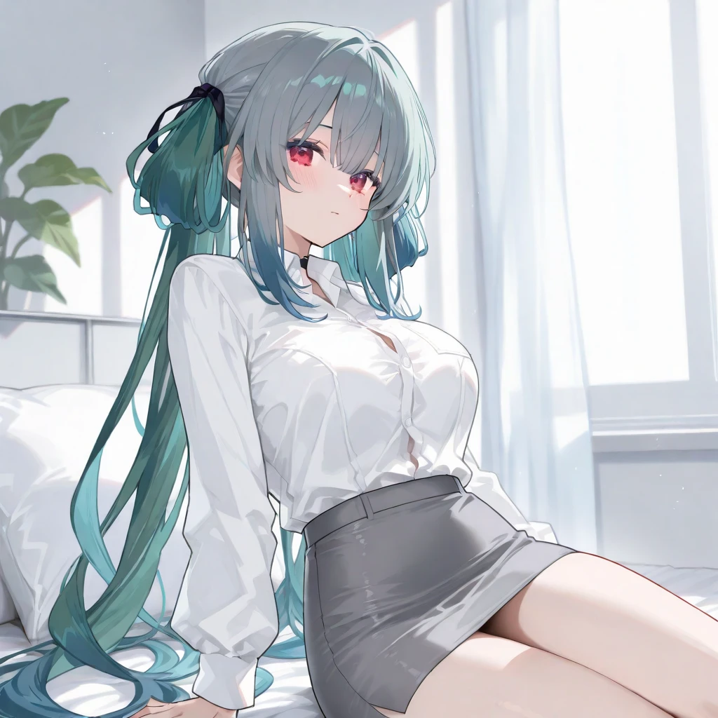 Professional artwork, Intricate details，Field of View, Sharp focus, Detailed painting,超A high resolution, Photography, 8K, A high resolution, Medium breasts,hair intakes，Sitting in the bedroom playing game console, 16 yaers old,Junior high school girl,Beautiful Finger,Beautiful long legs,Medium build,Beautiful nose,Beautiful character design, Perfect eyes, Perfect face, view the viewer, offcial art,extremaly detailed cg , (Beautiful,Large_Breasts:1.0), (Beautiful_face:1.5), Very wide open mouth,tense look，(Narrow_waistup), (Solo:1.4),，Anime goddess, green flowing hair,, Anime girl with blue-green gradient hair,SideBraid， Yellow pupils,Green eyebrows，Big cat ears，Divide hair in the middle，Red-collared bells,Oversized T-shirt，Black super shorts。Perfect anime illustration，Sitting in the bedroom playing game console