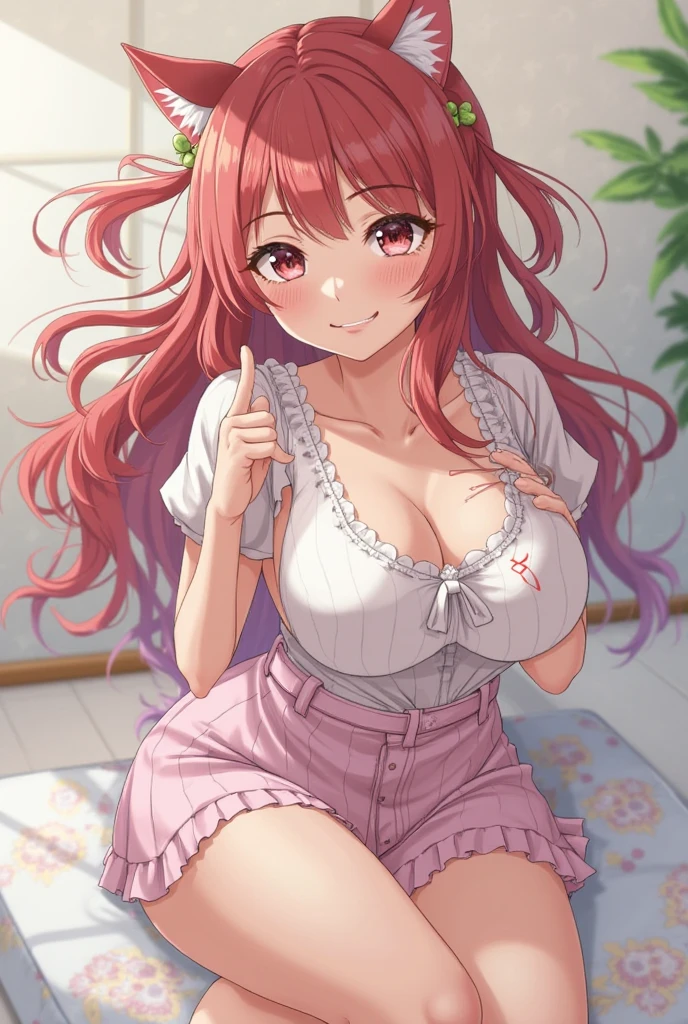 Tilting head, smile, cleavage, shooting from above、Upper body is shown、Realistic, real person, RAW photo, photorealistic, portrait photography, shiny skin, japanese idol、pink hair、Wavy medium hair with bangs、20 year old woman with pink eyes、wearing a white T-shirt、Alone、Are standing、The background is a liquor store