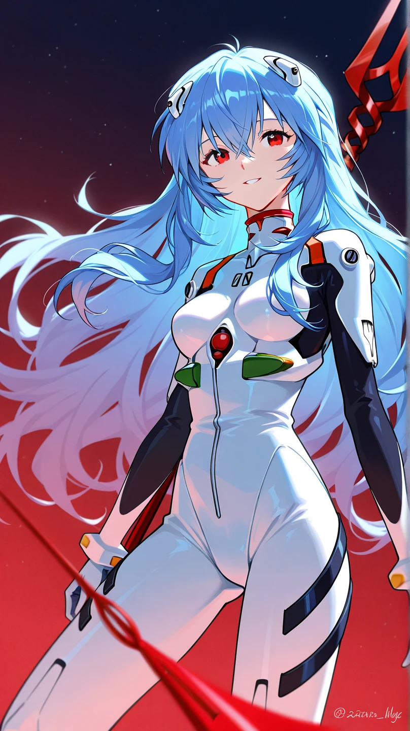 absurdres, best quality, 1girl, solo, looking at viewer, eye focus, rei_evangelion, light blue hair, red eyes, long hair, absurdly long hair, kinky hair, curly hair, plugsuit, pilot suit, interface headset, white bodysuit, white pilot suit, white plugsuit, (messy hair:1), (expressionless:1)