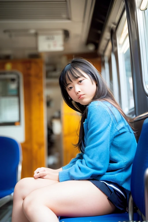 "(Masterpiece, High Definition, Ultra High Definition, 4K) Black hair, 14 years old Japan girl, uniform skirt, emphasizing thighs, white thighs, soft thighs, glossy thighs, sitting on the train, face-to-face angle, (angle from below),sitting in the train seat,Sitting in front,Zoom camera in the crotch,Feet on the train floor,Full body,Looking down and sleepy,Looking at the viewer only", best quality, ultra high definition, (photorealistic:1.4),, high resolution, detail, raw photo, sharp re, Nikon D850 film stock photo by Lee Jefferies 4 kodak portra 400 camera f1.6 lens rich colors hyper realistic lively textures dramatic lighting unreal engine artstation trends cinestir 800,