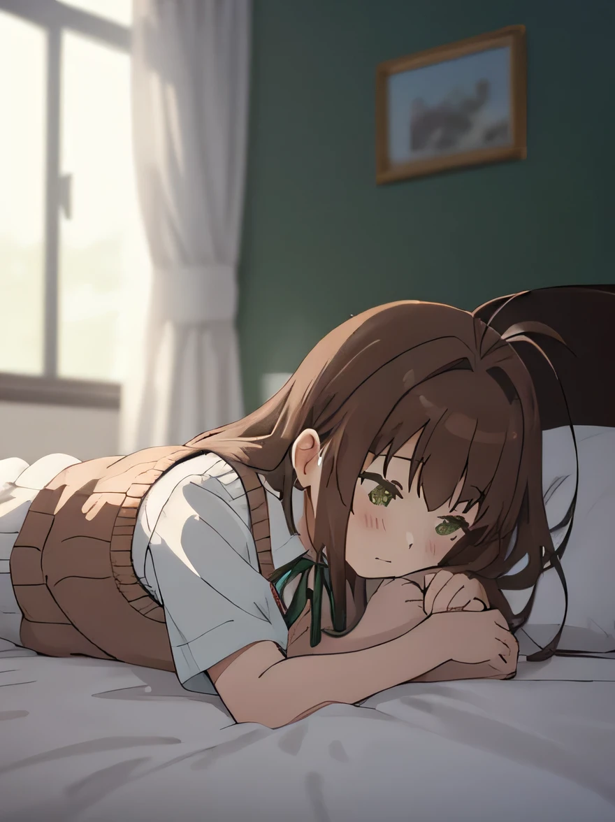 (masterpiece, top quality, nsfw), EXTREMELY detailed CG Unity 8k wallpaper, high definition, bold composition, masterpiece, best quality, amazing quality, very aesthetic, high resolution, ultra-detailed, absurdres, newest, scenery, depth of field, lighting , artistic composition screencap, flat anime, 1 girl, non-committal, dwarf, school uniform, sweater vest, neck ribbon, brown hair, long hair, antenna hair, bangs, 5 heads tall, tiny breasts, short legs, stocky legs, green eyes, lie on the bed, nose blush, gray skirt, lie on the bed, (hand in pantie, masturbation), Serious face, transparent