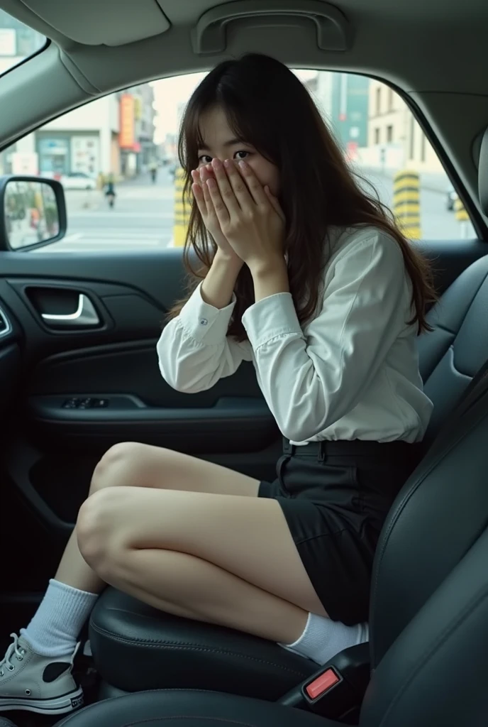 A Asian- American woman in her 20s, stopped her car and is peeing on the side of the freeway somewhere hidden