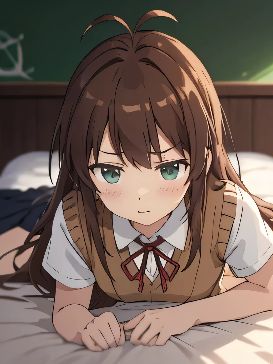 (masterpiece, top quality, nsfw), EXTREMELY detailed CG Unity 8k wallpaper, high definition, bold composition, masterpiece, best quality, amazing quality, very aesthetic, high resolution, ultra-detailed, absurdres, newest, scenery, depth of field, lighting , artistic composition screencap, flat anime, 1 girl, non-committal, dwarf, school uniform, sweater vest, neck ribbon, brown hair, long hair, antenna hair, bangs, 5 heads tall, tiny breasts, short legs, stocky legs, green eyes, lie on the bed, nose blush, gray skirt, lie on the bed, (hand in pantie, masturbation), Serious face, transparent