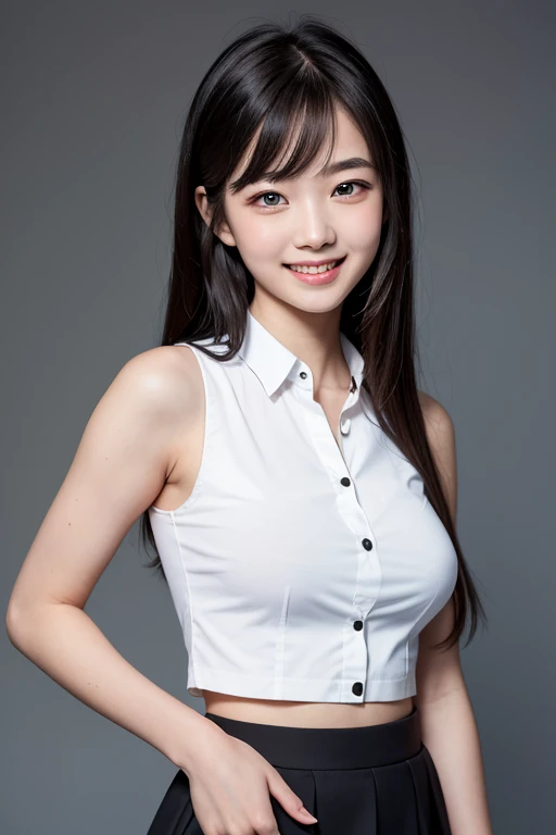 Real, Best Quality, Girl, High School Girl, High Resolution, Natural Skin, Portrait, Looking at Camera, Photo_Light, {{}}, Ulzzang-6500-v1.1:0.8 Facing forward, standing upright, no makeup, in front of the inorganic white wall in the room, fitted sleeveless white V-neck T-shirt, wide eyes, very short navy blue socks, serious and honor student, skirt.